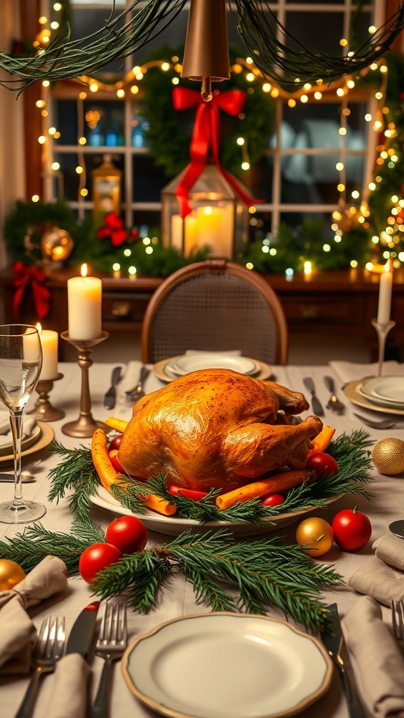 A romantic Christmas dinner table with roast chicken and seasonal vegetables, decorated with festive elements.